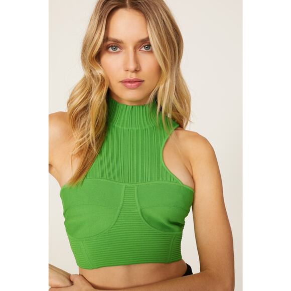 RTR Herve Leger Paris Sz M Green Bandage Sleeveless Mock Neck Crop Top zip back - Picture 1 of 8